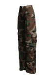 Camouflage Casual Camouflage Print Patchwork High Waist Straight Denim Jeans