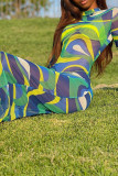 Green Street Print Patchwork O Neck Sheath Dresses