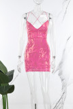 Pink Sexy Floral Bandage Sequins Patchwork Backless V Neck Wrapped Skirt Dresses