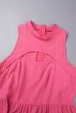 Rose Red Casual Solid Hollowed Out Patchwork Zipper O Neck A Line Dresses