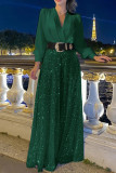 Purplish Red Casual Patchwork With Belt V Neck Regular Jumpsuits