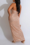 Black Sexy Solid Sequins Patchwork Backless Slit Strapless Long Dress (Subject To The Actual Object )