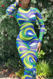 Green Street Print Patchwork O Neck Sheath Dresses