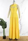 Yellow Casual Solid Hollowed Out Patchwork Zipper O Neck A Line Dresses
