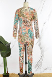 Orange Green Casual Print Slit O Neck Long Sleeve Two Pieces