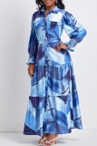 Blue Casual Print Patchwork Turndown Collar Long Sleeve Dresses