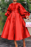 Rose Red Casual Solid Bandage Patchwork Buckle O Neck Long Sleeve Dresses