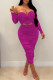 Rose Red Sexy Casual Solid Backless Off the Shoulder Long Sleeve Two Pieces