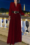 Purplish Red Casual Patchwork With Belt V Neck Regular Jumpsuits