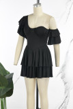 Black Sexy Casual Solid Patchwork Asymmetrical Collar Irregular Dress Short Sleeve Dress