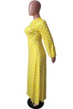 Yellow Casual Dot Print Slit Half A Turtleneck Long Dress Dresses