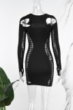 Black Sexy Casual Solid Hollowed Out O Neck Long Sleeve Dresses