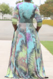 Multicolor Elegant Tie Dye Bandage Patchwork V Neck A Line Plus Size Dresses