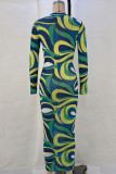 Green Street Print Patchwork O Neck Sheath Dresses