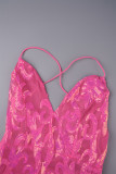 Pink Sexy Floral Bandage Sequins Patchwork Backless V Neck Wrapped Skirt Dresses