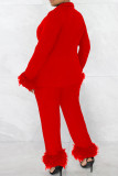 Red Elegant Solid Tassel Patchwork V Neck Long Sleeve Two Pieces