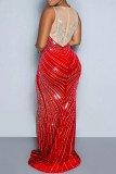 Red Sexy Patchwork Hot Drilling See-through Slit O Neck Long Dress Dresses