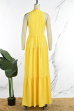 Yellow Casual Solid Hollowed Out Patchwork Zipper O Neck A Line Dresses