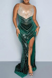 Green Sexy Patchwork Hot Drilling See-through Slit O Neck Long Dress Dresses