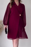 Blue Casual Solid Patchwork Pleated Turndown Collar Long Sleeve Dresses