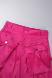Rose Red Street Solid Patchwork Pocket Buttons Zipper Loose High Waist Wide Leg Solid Color Bottoms