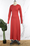 Red Casual Solid Basic O Neck Long Dress Dresses