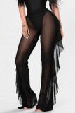 Black Sexy Solid Flounce Straight Mid Waist Straight Solid Color Bottoms