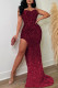 Burgundy Sexy Formal Solid Sequins Patchwork Backless Slit Scalloped Long Dress Dresses