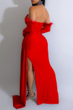 Red Sexy Formal Solid Patchwork Backless Slit Strapless Long Dress Dresses