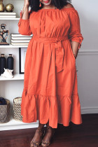 Orange Casual Solid Patchwork With Belt Off the Shoulder Long Sleeve Dresses