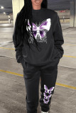Black Casual Print Butterfly Patchwork O Neck Long Sleeve Two Pieces