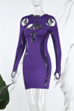 Purple Sexy Casual Solid Hollowed Out O Neck Long Sleeve Dresses