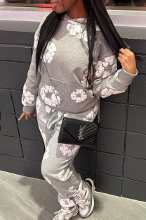 Grey Street Print Patchwork Hooded Collar Long Sleeve Two Pieces
