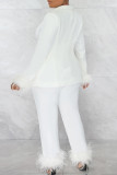 White Elegant Solid Tassel Patchwork V Neck Long Sleeve Two Pieces