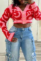 Red Casual Patchwork Buttons V Neck Outerwear