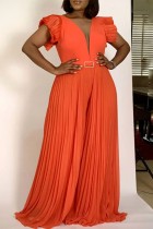 Orange Casual Solid Patchwork See-through O Neck Regular Jumpsuits