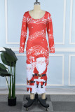 Red White Casual Print Basic U Neck Long Sleeve Dresses