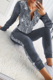 Pink Casual Solid Sequins Patchwork Zipper O Neck Long Sleeve Two Pieces