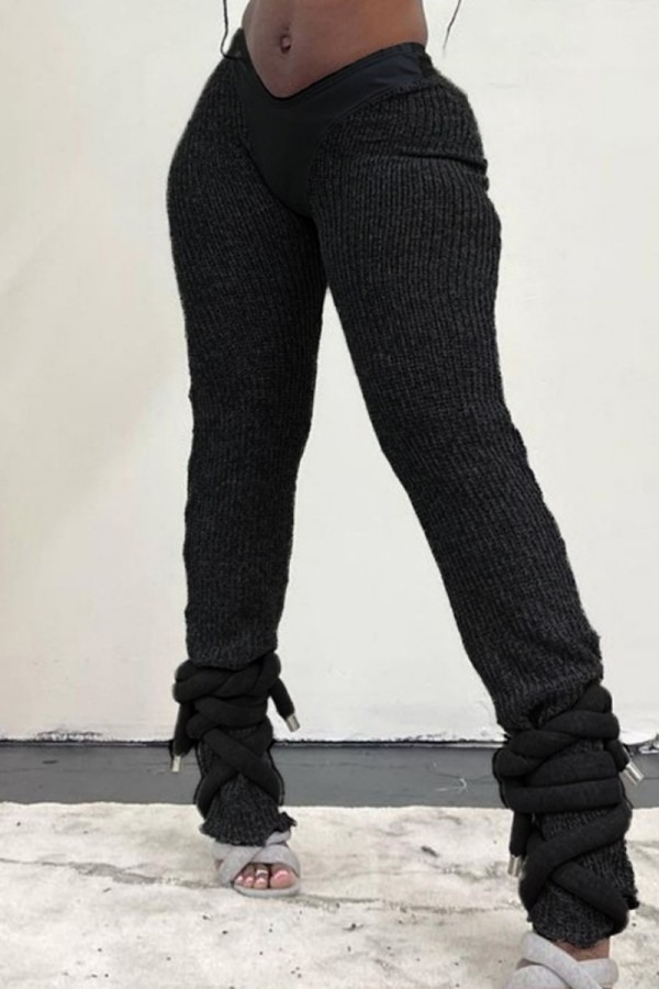 Black Casual Solid Patchwork Skinny Mid Waist Pencil Solid Color Trousers