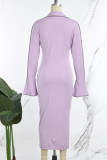 Purple Casual Solid Buttons Turndown Collar Long Sleeve Dresses