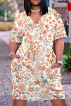 Orange Pink Casual Floral Patchwork Pocket V Neck Straight Dresses