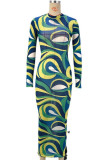 Green Street Print Patchwork O Neck Sheath Dresses