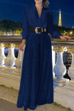 Purplish Red Casual Patchwork With Belt V Neck Regular Jumpsuits