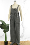 Black Casual Solid Patchwork Pocket Buttons Sleeveless High Waist Loose Denim Jumpsuits