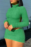 Green Sexy Solid Bandage Patchwork Backless O Neck Long Sleeve Two Pieces