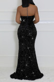 Blue Sexy Formal Patchwork Sequins Backless Slit Strapless Long Dress Dresses