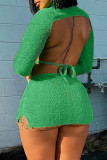 Green Sexy Solid Bandage Patchwork Backless O Neck Long Sleeve Two Pieces