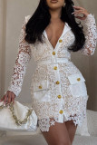 White Elegant Solid Lace Patchwork Pocket Buckle Wrapped Skirt Dresses