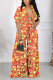 Orange Casual Daily Floral Bandage Patchwork Printing Stringy Selvedge Smocking V Neck Half Sleeve Two Pieces