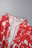 Orange Casual Daily Floral Bandage Patchwork Printing Stringy Selvedge Smocking V Neck Half Sleeve Two Pieces